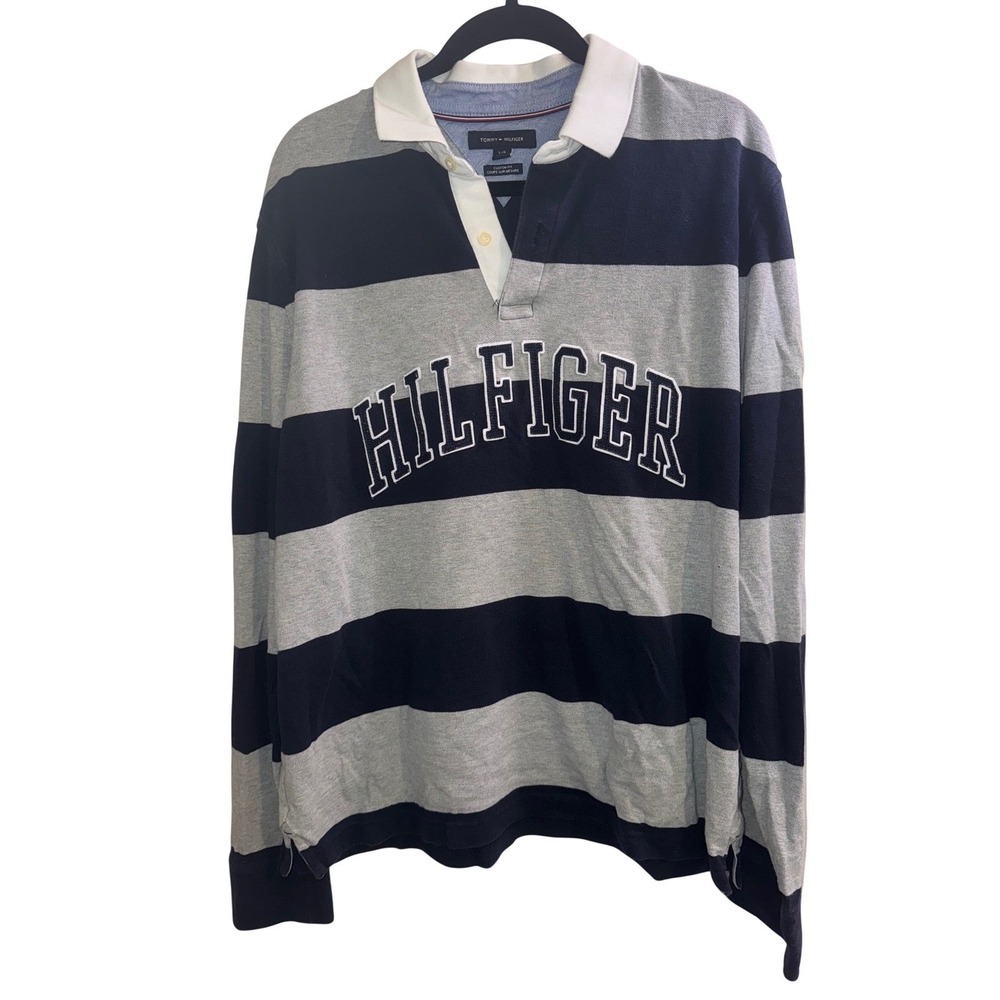 Tommy Hilfiger Mens Sz L Rugby Shirt Striped Long Sleeve Blue Gray Spellout Y2k